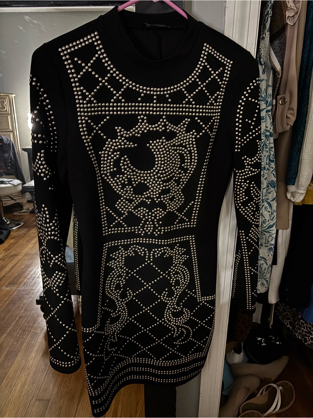 Mango Black Long-Sleeve Studded Bodycon Dress